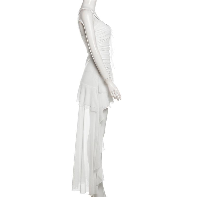 European-American Style 2024 Summer Solid Color Slim High-Waist One-Shoulder Spaghetti Strap Dress