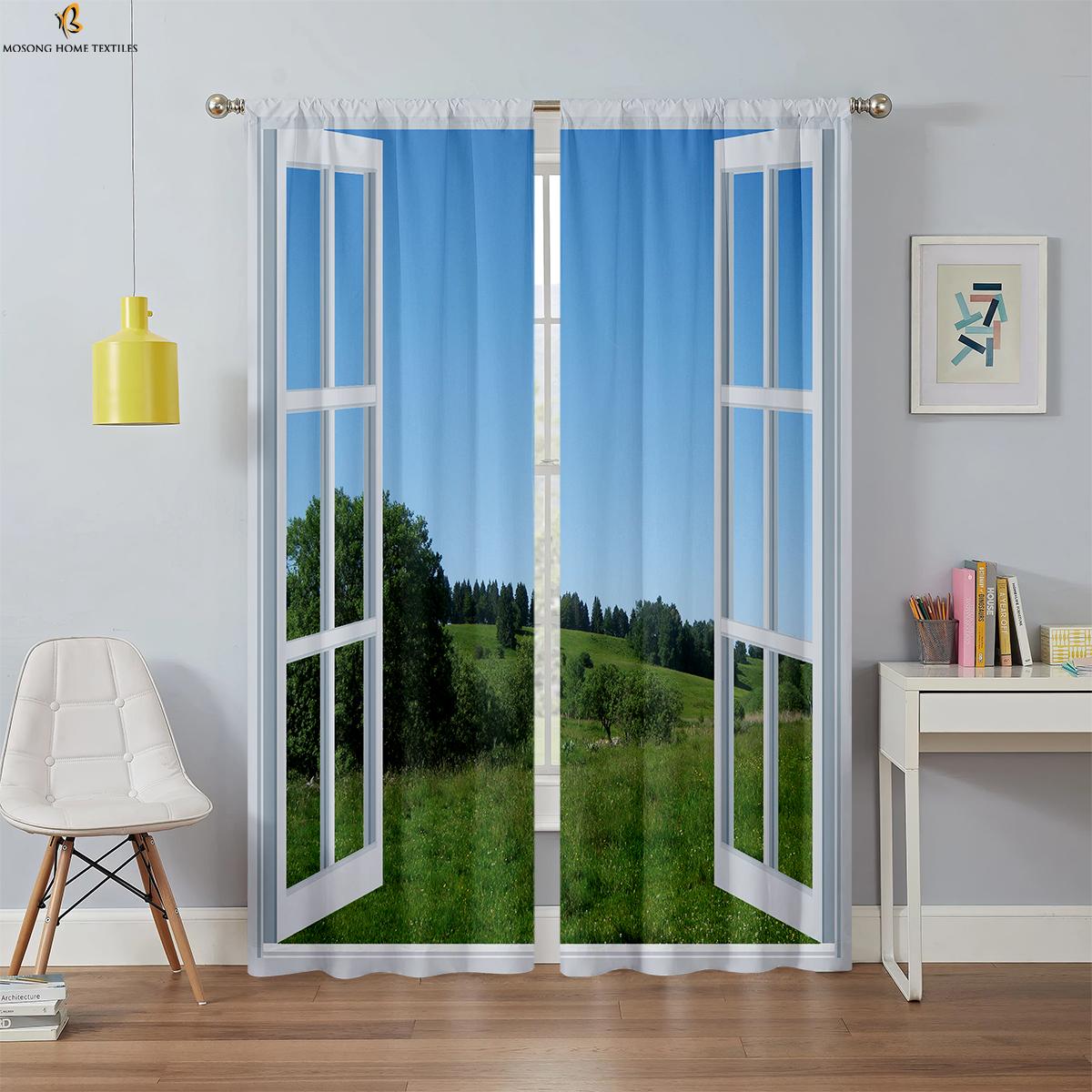 

3D-печатные шторы с морским пейзажем за окном 100% полиэфирное волокно спальня гостиная кабинет декоративные шторы W50xH130(CM)x2PCS&Rod pocket