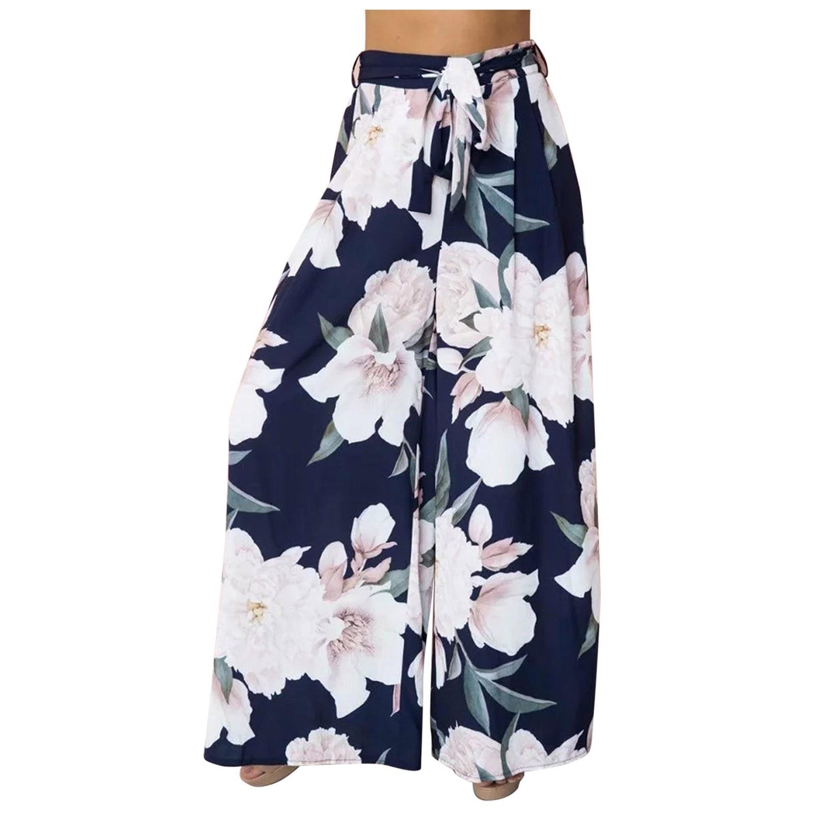 

Женские длинные широкие брюки-палаццо с цветочным геометрическим принтом, эластичные брюки с высокой талией и поясом, свободные брюки-кюлоты макси S синий