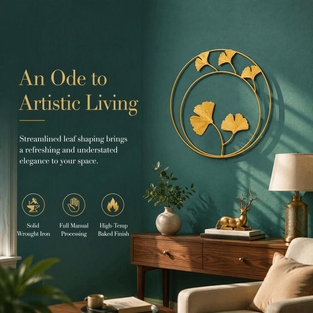 Elegant Metal Wall Hanging Decor Gold 11.02in Leaf Wall Ornament Light Luxury Round Leaf Decoration Indoor Wall Decor