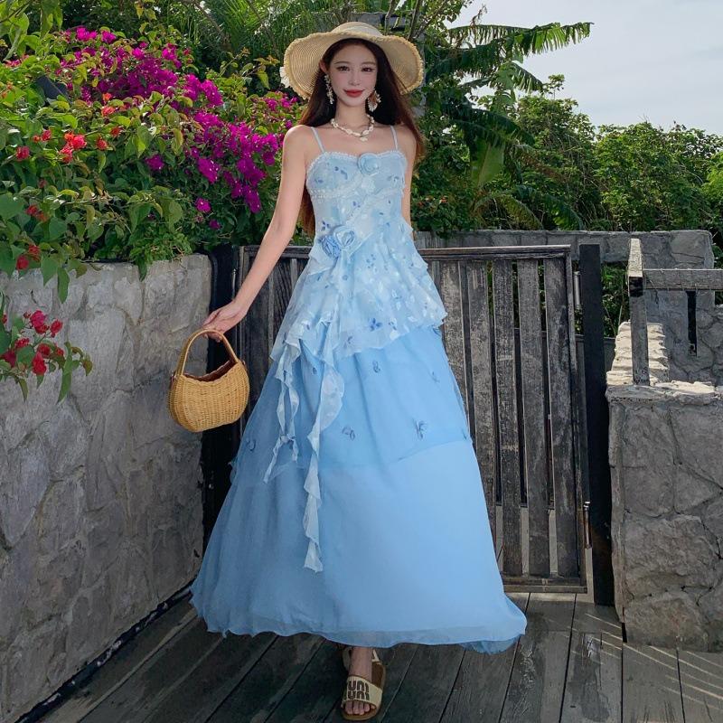 Pure Desire Light Blue Irregular Blue Suspender, Butterfly Gauze Skirt Vacation Skirt