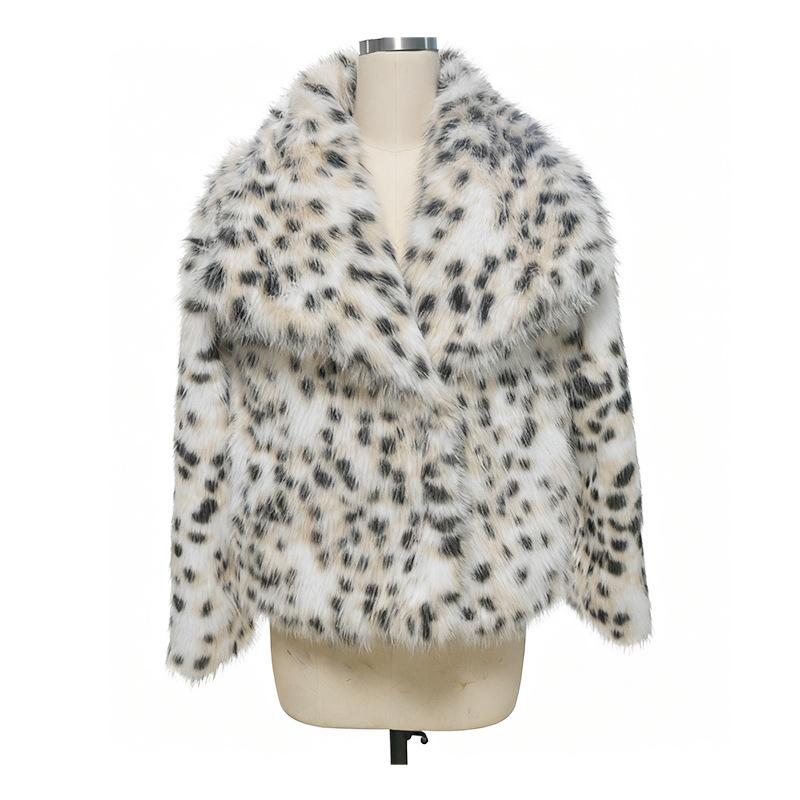 Giacca Corta da Donna in Ecopelliccia Stampa Leopardo con Bavero Caldo Cappotto Invernale