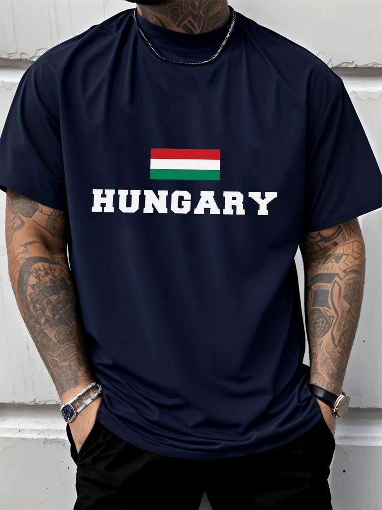 Patriotic Hungary National Flag Letter Front Graphic Print Unisexs Crew Neck Short Sleeve Tee Casual Daily Soft Basic Wear Top