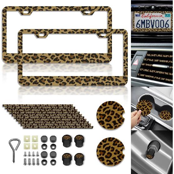 Cow Print License Plate 18 Pcs car Accessories Cow Print License Plate Cover Car Tag Frames for Women or Men Compatible All Vehicle License Plate Tag Brown Leopard
