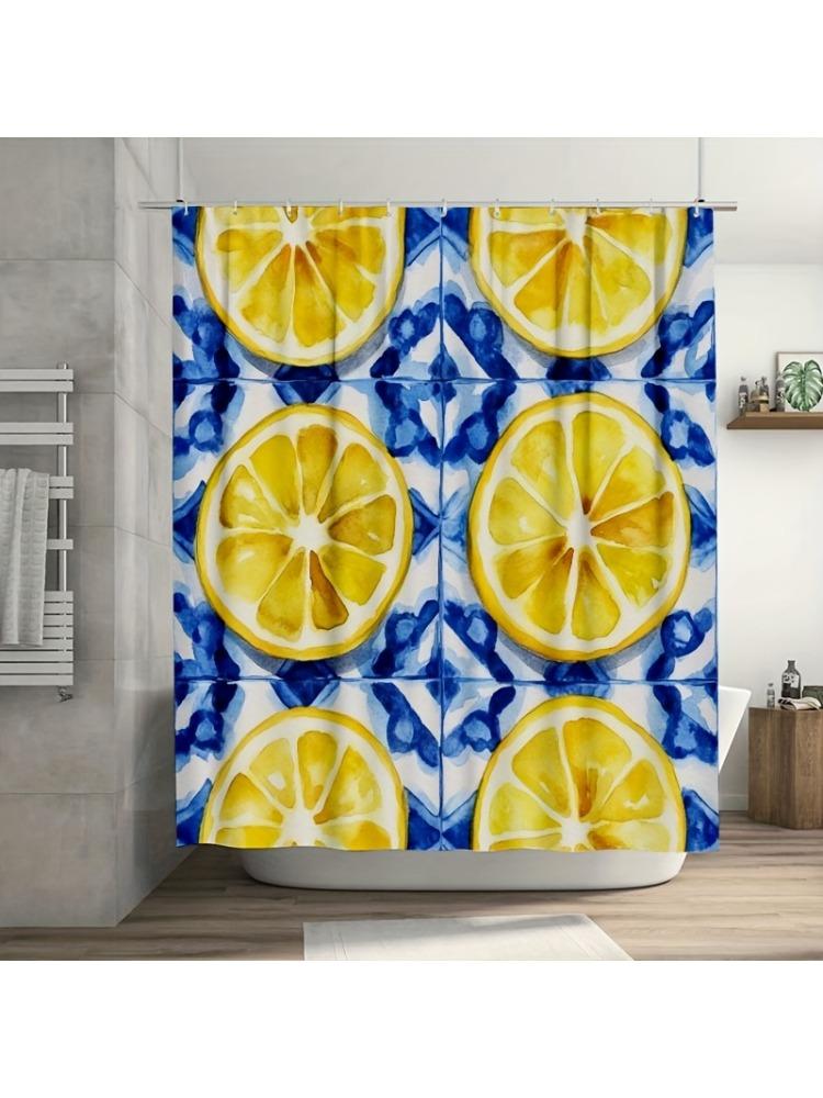 

1Pc Watercolor Lemon Slices On Blue Shower Curtain, Durable Polyester, Easy Clean, For Bathroom Decor W60H190(CM)-1 Pcs