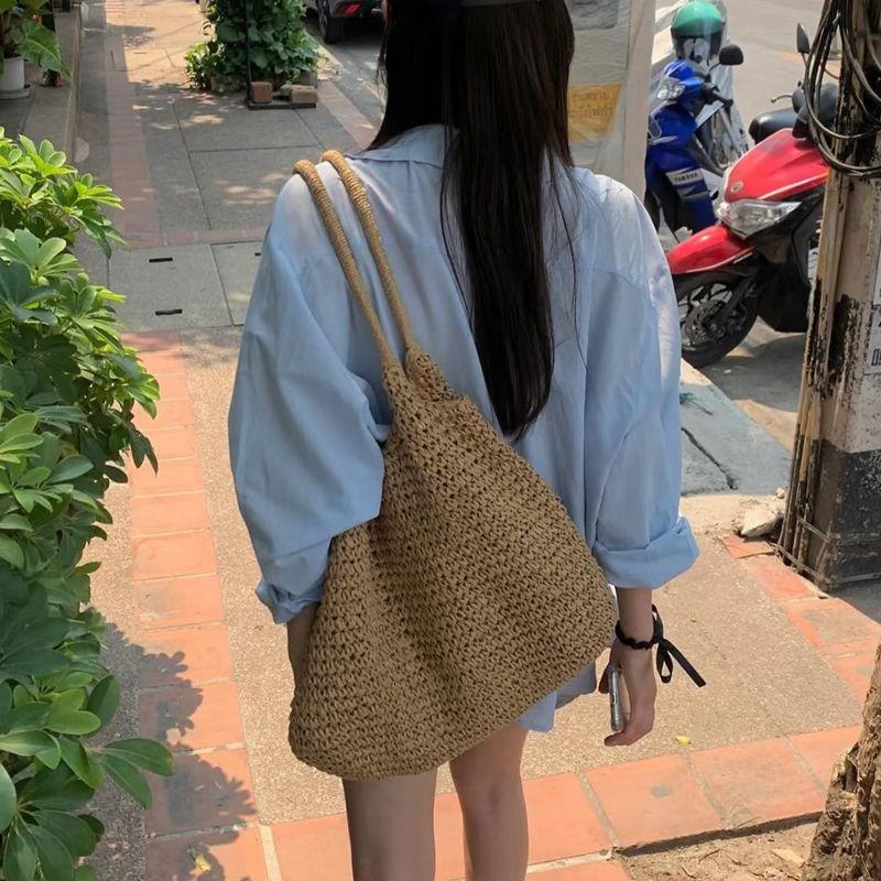 

INS All-Matching Lazy Style Large Capacity Shoulder Bag Vacation Straw Woven Bag Women s Handbag Work Clothing Beach Woven Bag Khaki