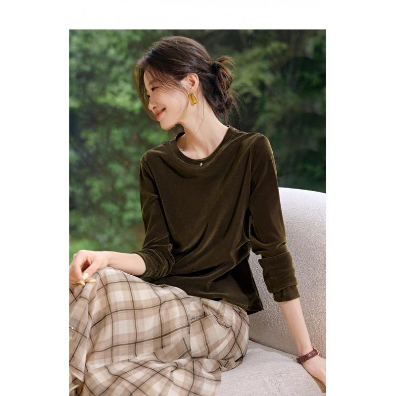 

Small Waist Flocking Gauze Skin T Autumn Fog Flocking Light Gauze Round Neck Waist Pinching Thin. 2XL