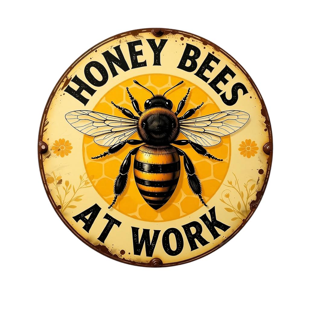 Round Metal Indoor Sign Honey Bees At Work Rustic Style Wall Decor Vintage Farmhouse Kitchen Decoration