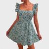 Women's Loose Casual Square Neck Flying Sleeve Floral Dress Short Skirt