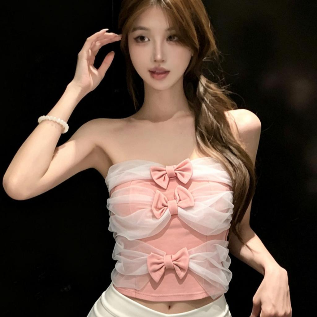 Summer New Pure Desire Wind Bow Mesh Tube Top Female Slim and Thin Design Temperament Top