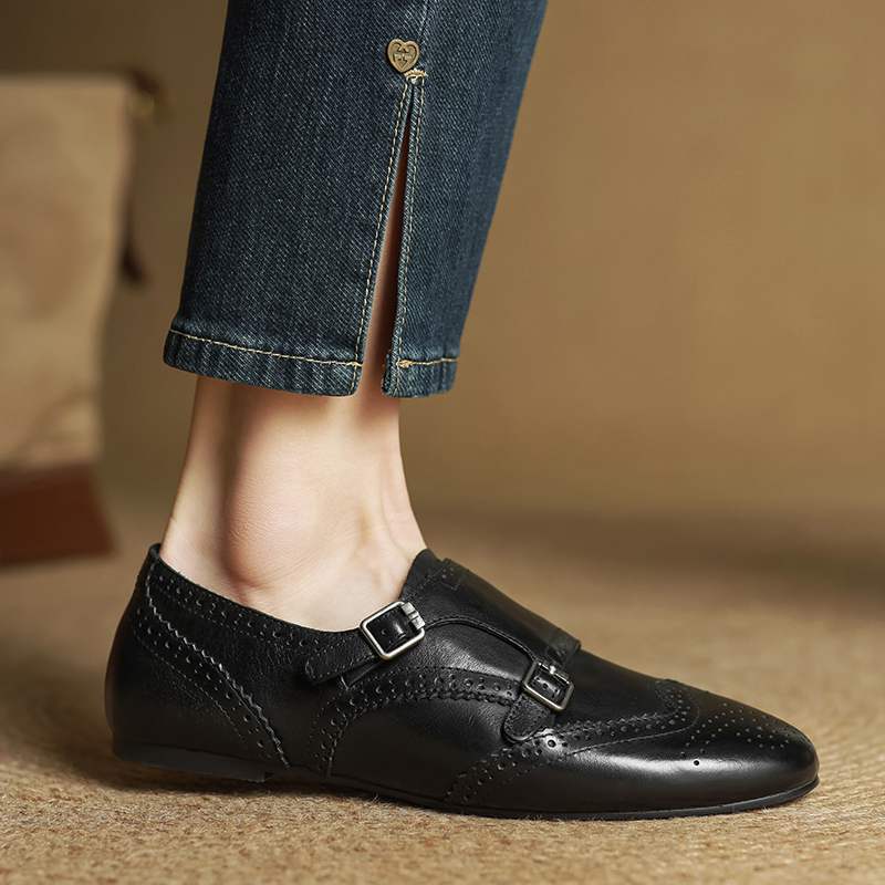 Krazing Pot Cow Skin Fashion Spring Autumn Low Heels metal buckle Oxford Shoes Women Round Toe Leisure Brogues flats