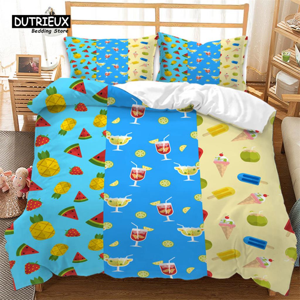 Summer Tropical Fruit Bedding Set Cartoon Fruits Orange Lemon Print Duvet Cover Microfiber Double Comforter Cover Bedroom Decor