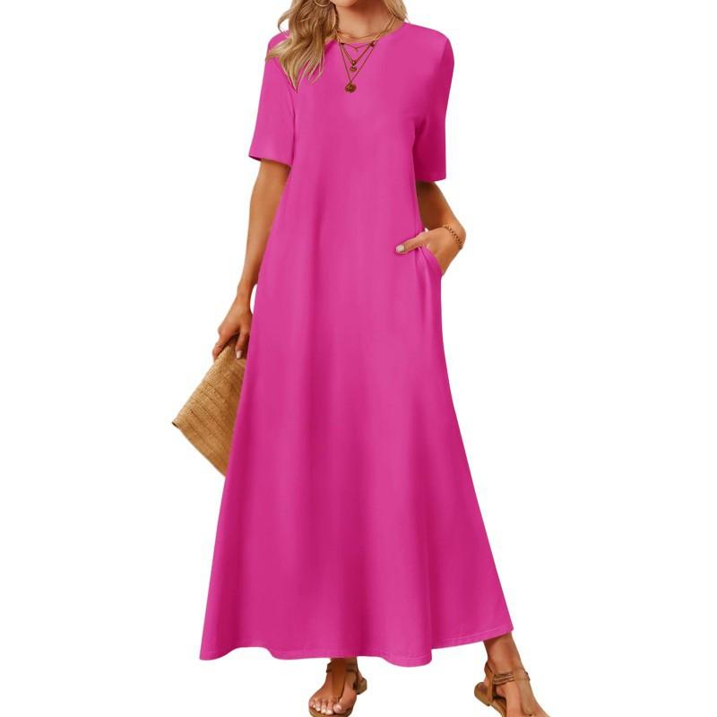 New Cross-border Women's Dress Pure Color Round Collar Pocket Short-sleeve