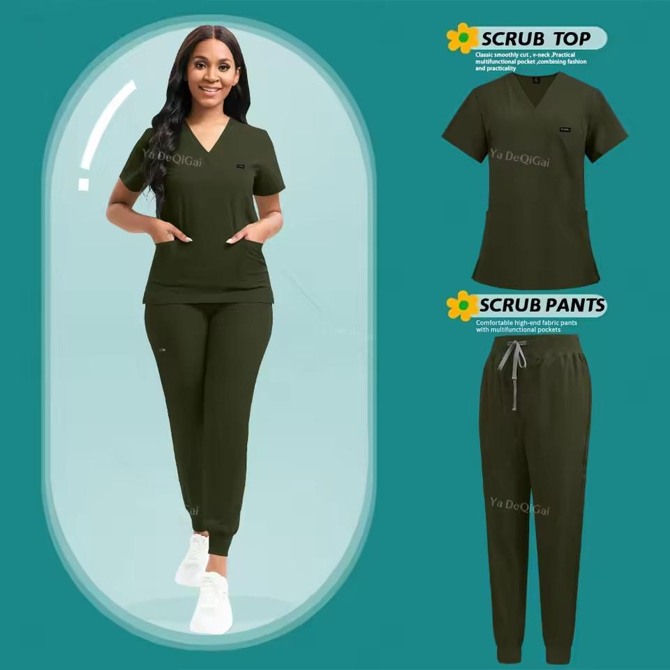 Stretch Scrubs Women Set Nursing Uniforms Clinical Scrubs Set Nurse Doctor Dustproof Workwear Medical Scrubs Top+ Jogger Pants