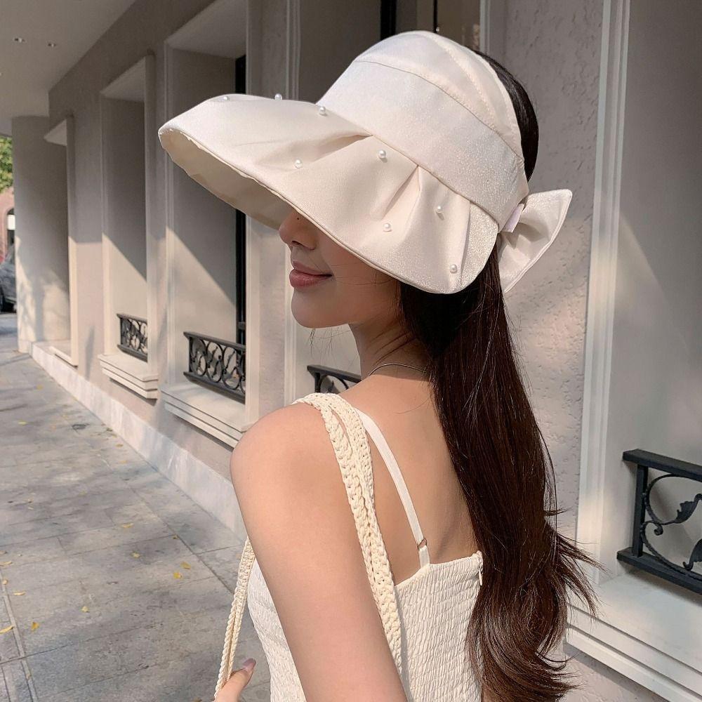 Windproof Women Pearl Bucket Hat Sun Protection Beach Cap Hot Big Brim Sun Hat Women Men