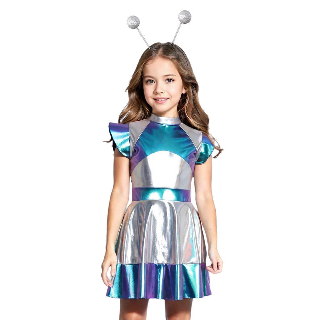 Girls Halloween Alien Costume Outer Space Cutie Dress Set Funny Alien Hair Hoop Accessory Cosplay Outfit