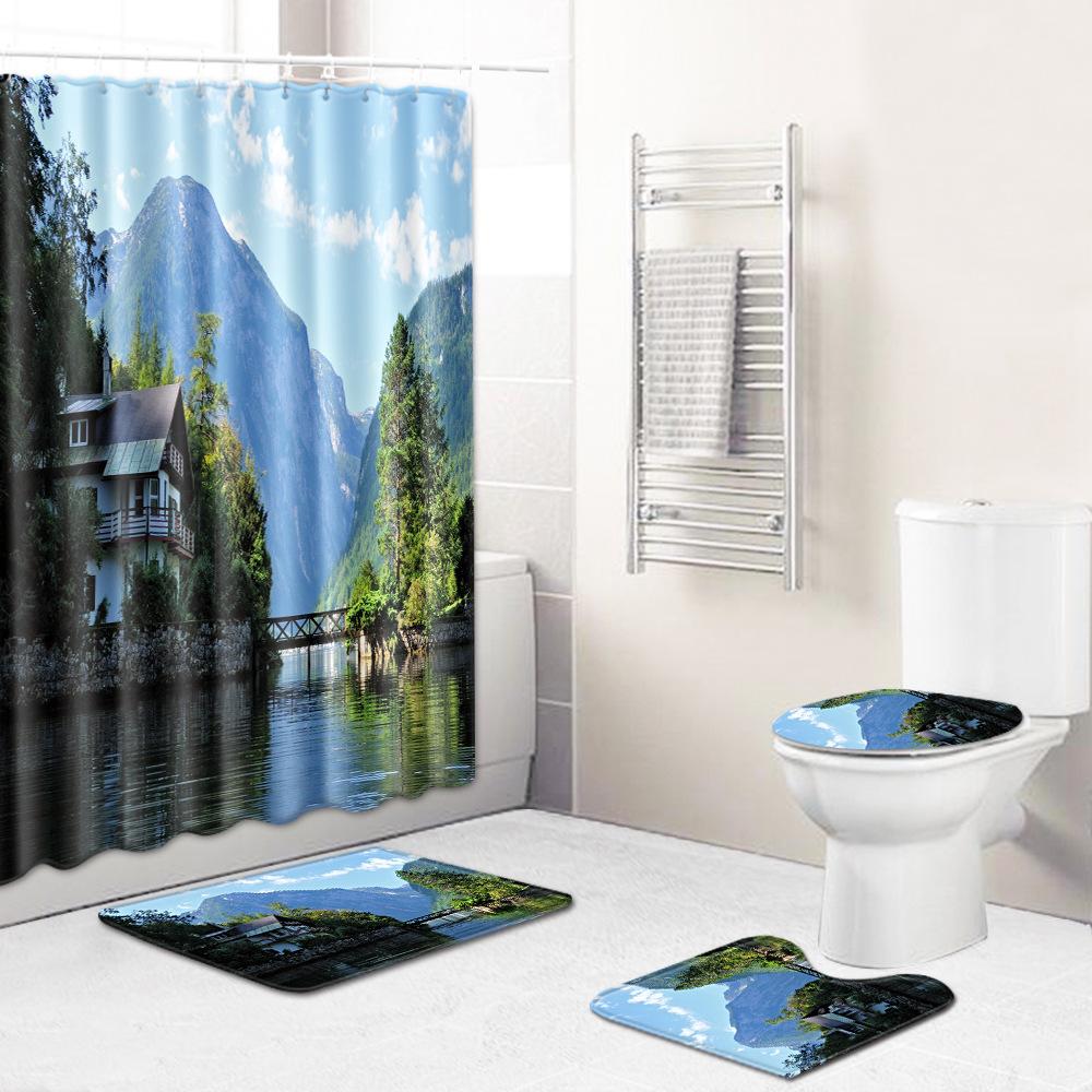 Landscape Shower Curtain Floor Mat Combination Four-Piece Set Bathroom Toilet Carpet Shower Room Mat Foot Mat