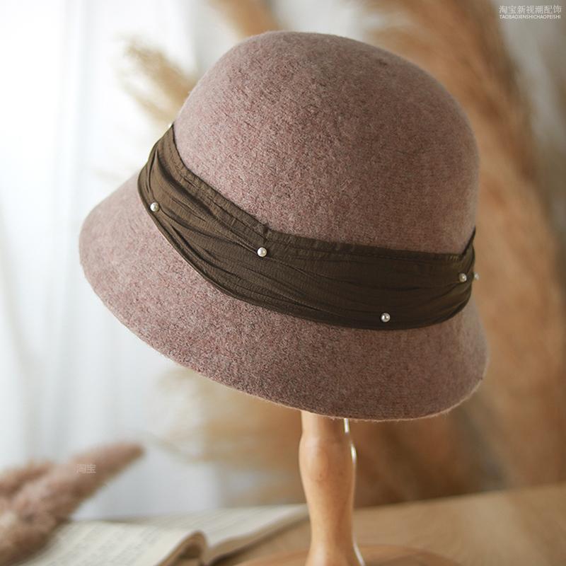 

Fashion pearl decoration pleated streamer wool blended bucket hat women s tide autumn and winter versatile thermal basin hat adult 55-58cm (average size)