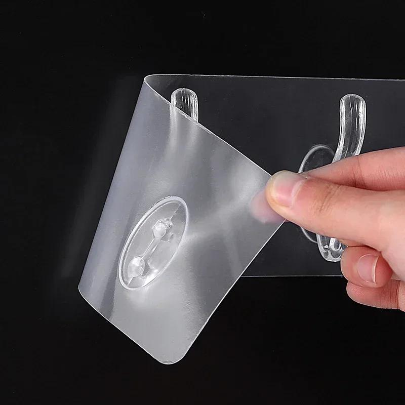 6Row Strong Self Adhesive Wall Hooks Nail-free Transparent Multipurpose Holder for Kitchen Bathroom Traceless Hanger Stickers