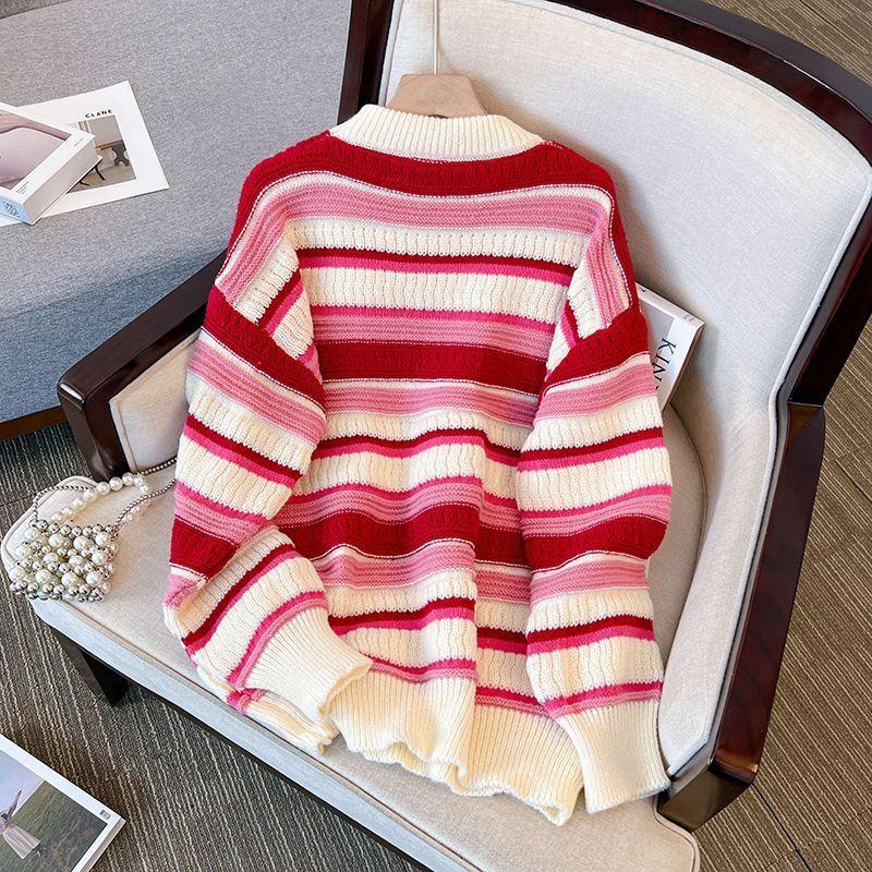 Pullover Sweater Women 2023 Autumn Loose Round Neck Design Sense Stripe Flesh Covering Knitted Sweater Pullover Female Tops