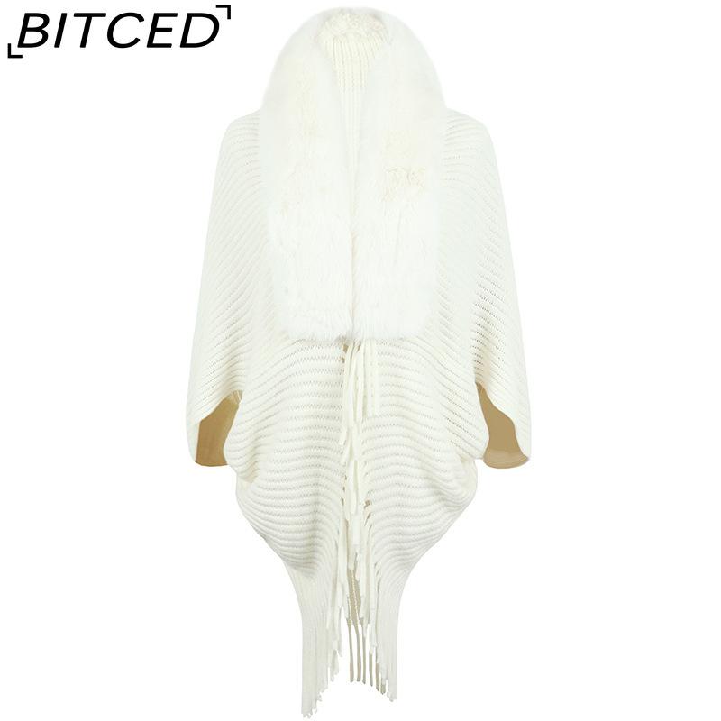 BITCED Autumn/Winter Fringe Shawl with Fur Collar – Women's Knitted Cape Coat