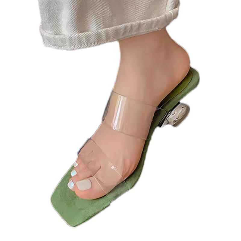 Fashion Designer Women's Mid Heels Slippers Square Toe Pvc Heeled Sandals Woman Shoes 2025 Trend Summer New Slides Fashion Chunky Pumps