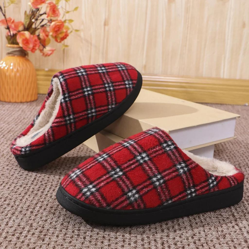 Fashion Winter Plaid Plush Slippers Men's Warm House Fleece Non-slip Shoes Couples Cotton Slippers Soft Indoor Casual Shoes Zapatos