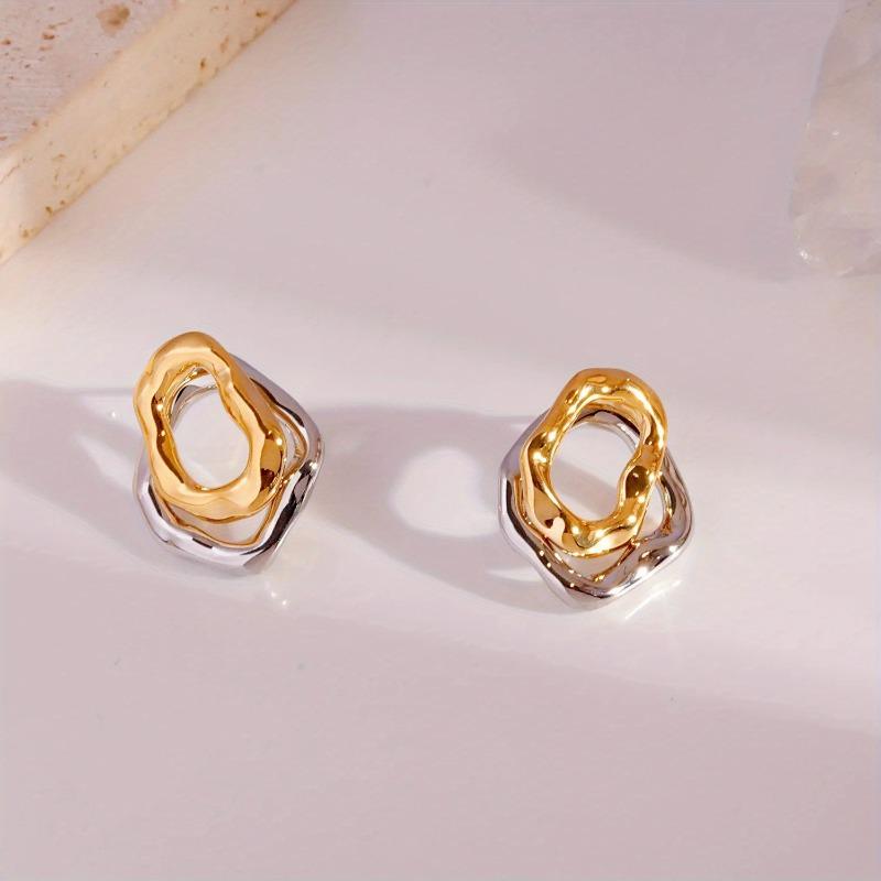 1PAIR Double Layer Irregular Geometric Pattern Copper Earrings, Uneven Surface Fashion Gold and Silver Jewelry Gift