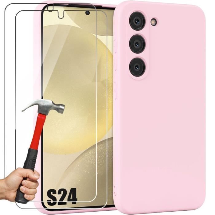 Coque Silicone - Samsung - Galaxy S24 - Mat Rose Clair - Antichoc - 2 Verres Trempés