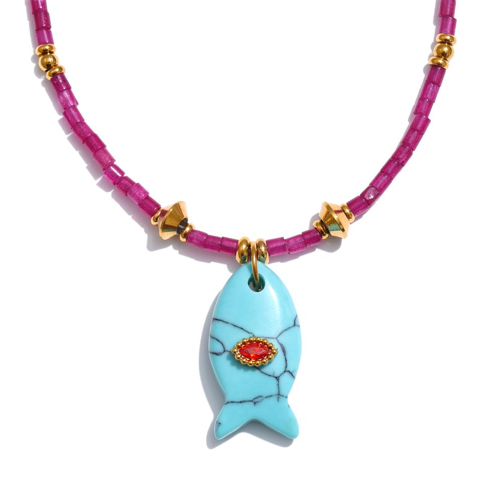 

Yhpup Ocean Style Natural Aventurine Agate Turquoise Tiger Stone Fish Pendant Necklace Exquisite Handmade Exclusive Jewelry