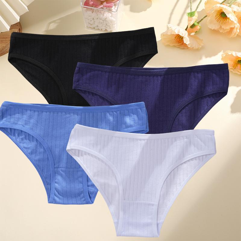 4PCS/SET Women's Cotton Panties Sexy Soft Striped Underpants Solid Color Briefs Female Comfortable Stretch Lingerie M-XL