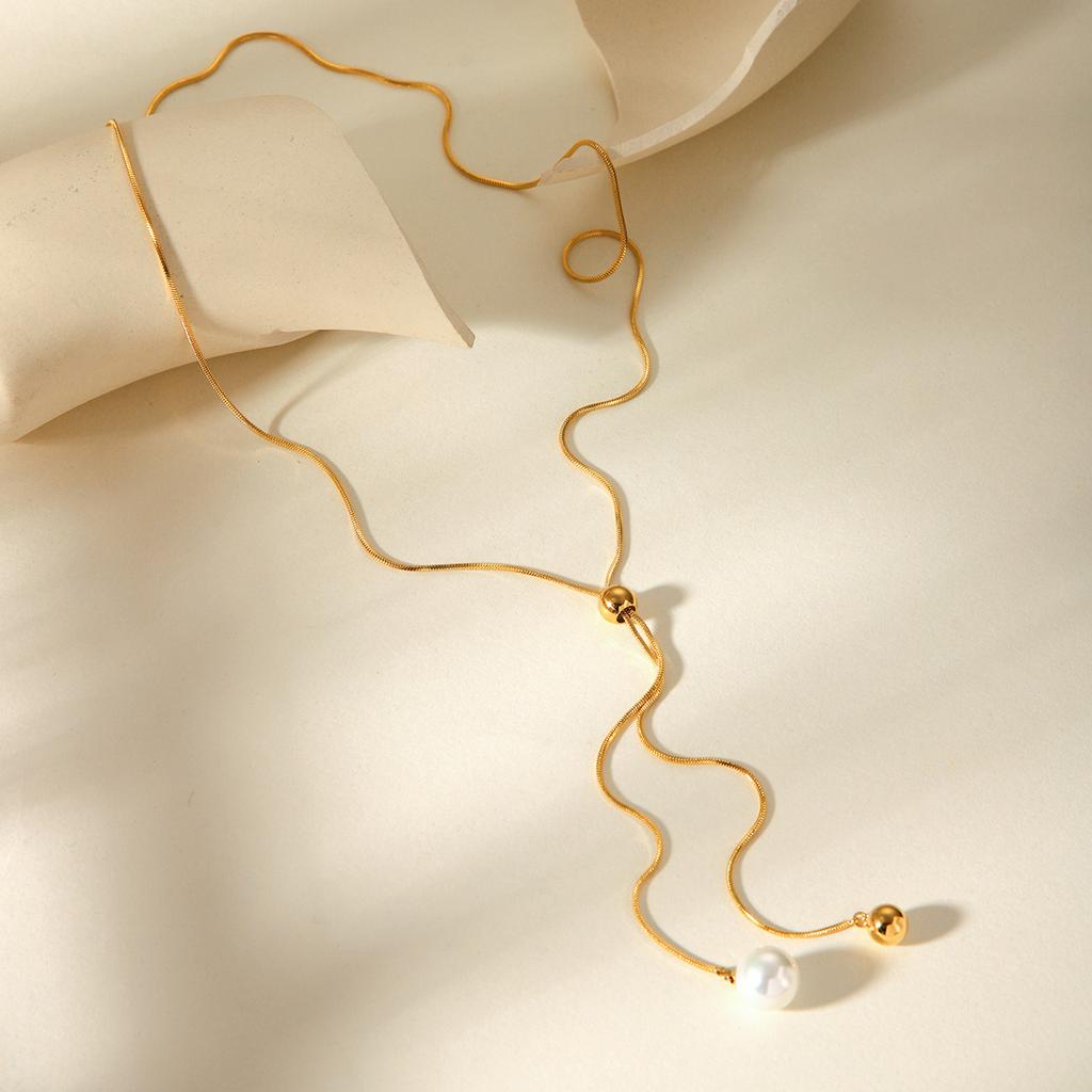 Adjustable Long Pearl Necklace With Snake Chain And Beads Elegant Women's Fashion Jewelry For Sweaters