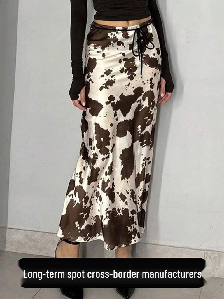 2025 Autumn/Winter Women's Satin Print Long Skirt - Slimming Imitation Silk