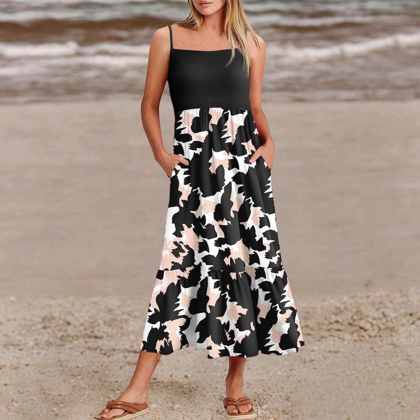 

Женские летние платья на тонких бретельках в стиле пэчворк для пляжного отдыха с цветочным принтом и карманами XXL чёрный