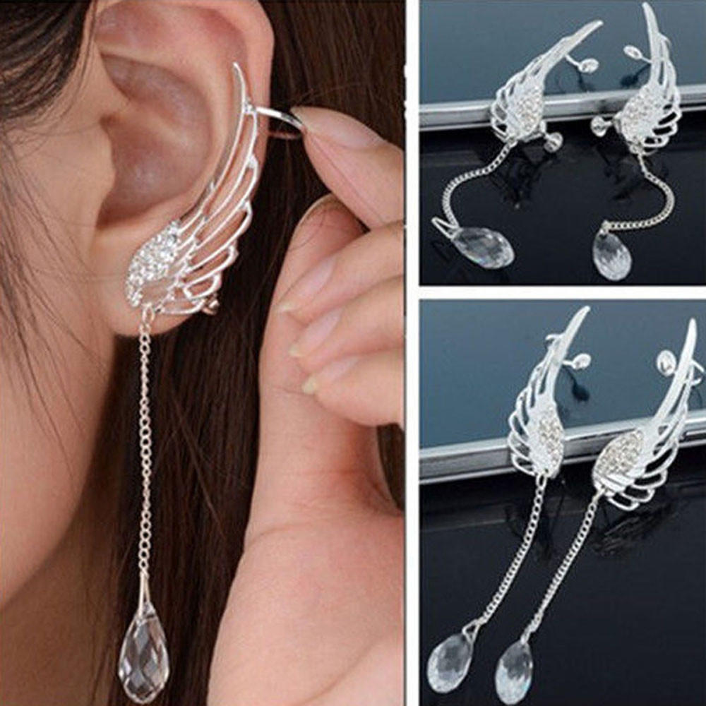 Angel Wing Tassel Clip On Earrings Long Chain Dangle Non Pierced Ear Cuff Jewelry Accessories for Women and Girls