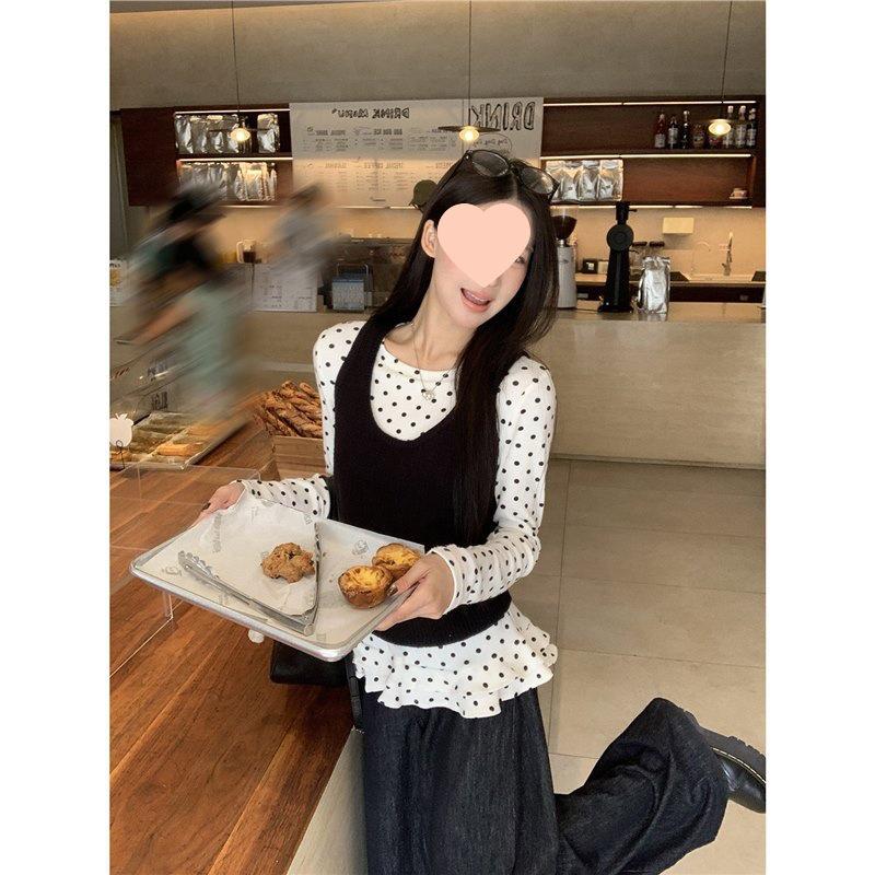 Women's 2025 Korean-Style Polka Dot White Long-Sleeved Top