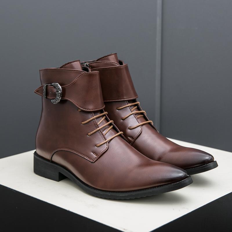 Autumn Collection Men Pointed High Top Boots Formal Leather Shoes Brand Men's Buckle High Top Comfortable Leather Shoes