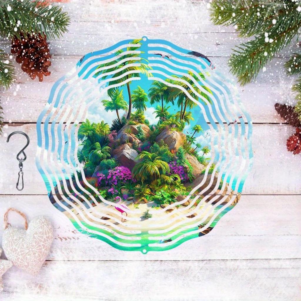 Tropical Paradise Metal Wind Chime with 360 Degree Swivel Hook Rotatable Spiral Outdoor Garden Decor for Patio Yard Holiday Decoration