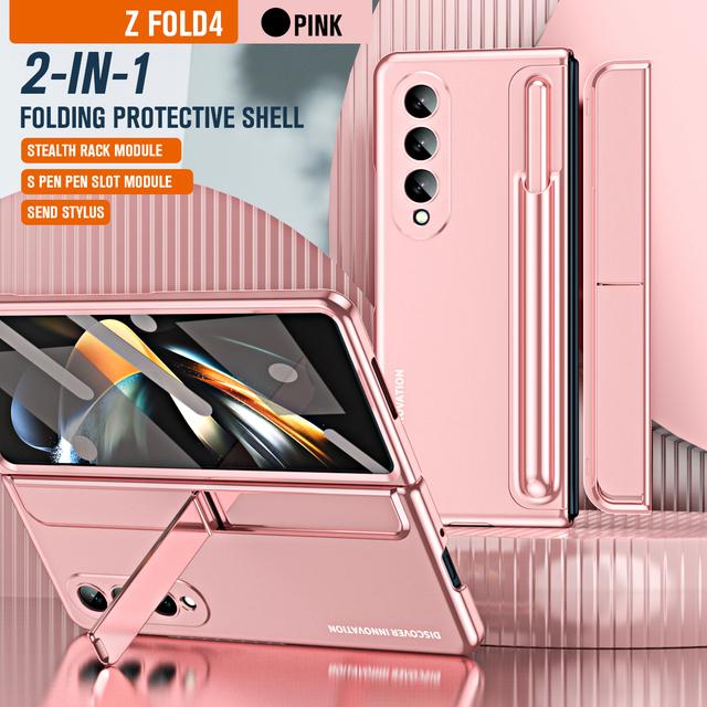 With S Pen Plating Kickstand Armor Case For Samsung Galaxy Z Fold 4 360 Full Screen Protector Shockproof Phone Cover Z Fold 3 5G