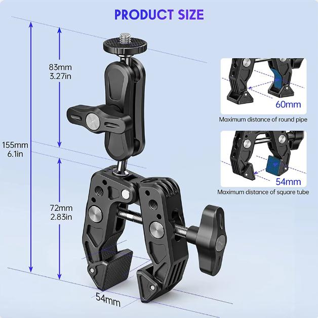 Aluminum Super Clamp with Double 360° Ball Head Magic Arm For GoPro Insta360 DJI OSMO Aciton Mobile Phone Action Camera