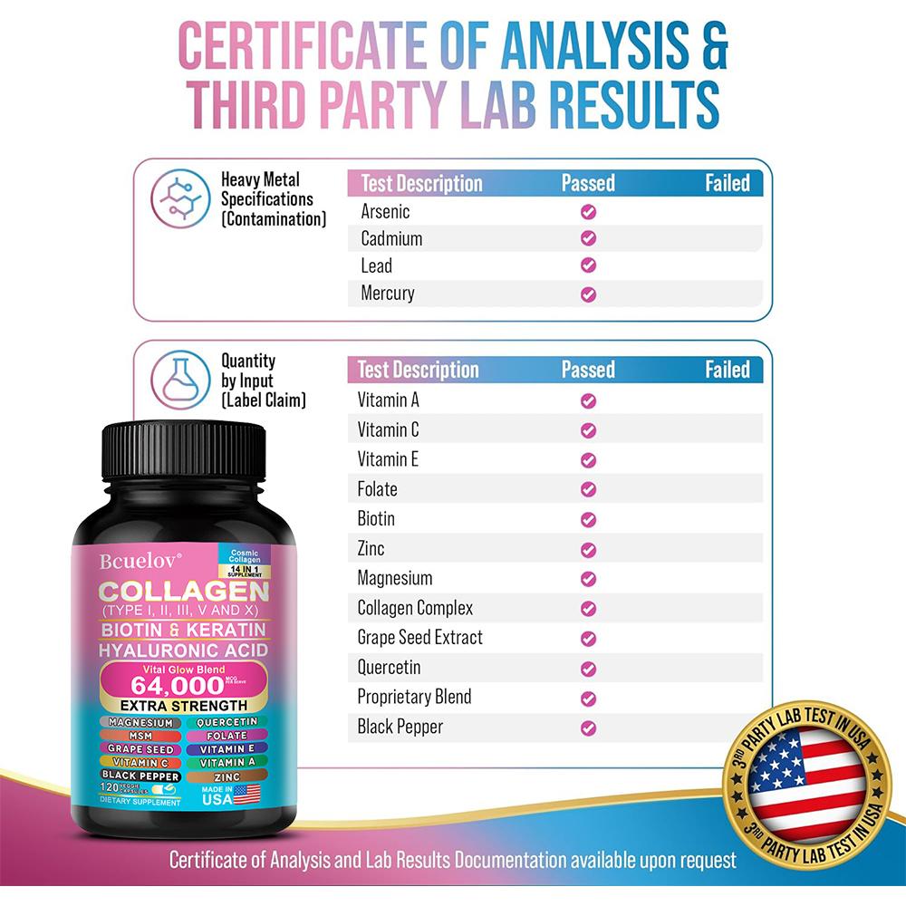Bcuelov 14 in 1 Kollagenkapseln 64.000 MCG mit Typ I II III V X Biotin Keratin für Hautpflege Haarpflege Nägel und Gelenkschutz 120 Kapseln
