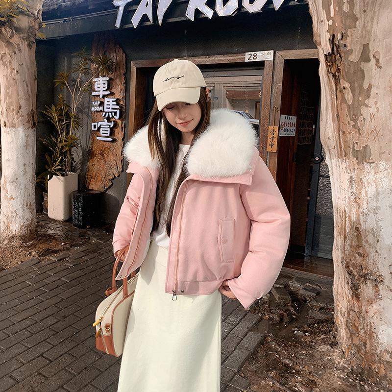 Women's Short Loose PU Winter Jacket Suede Bronzing Big Fur Collar