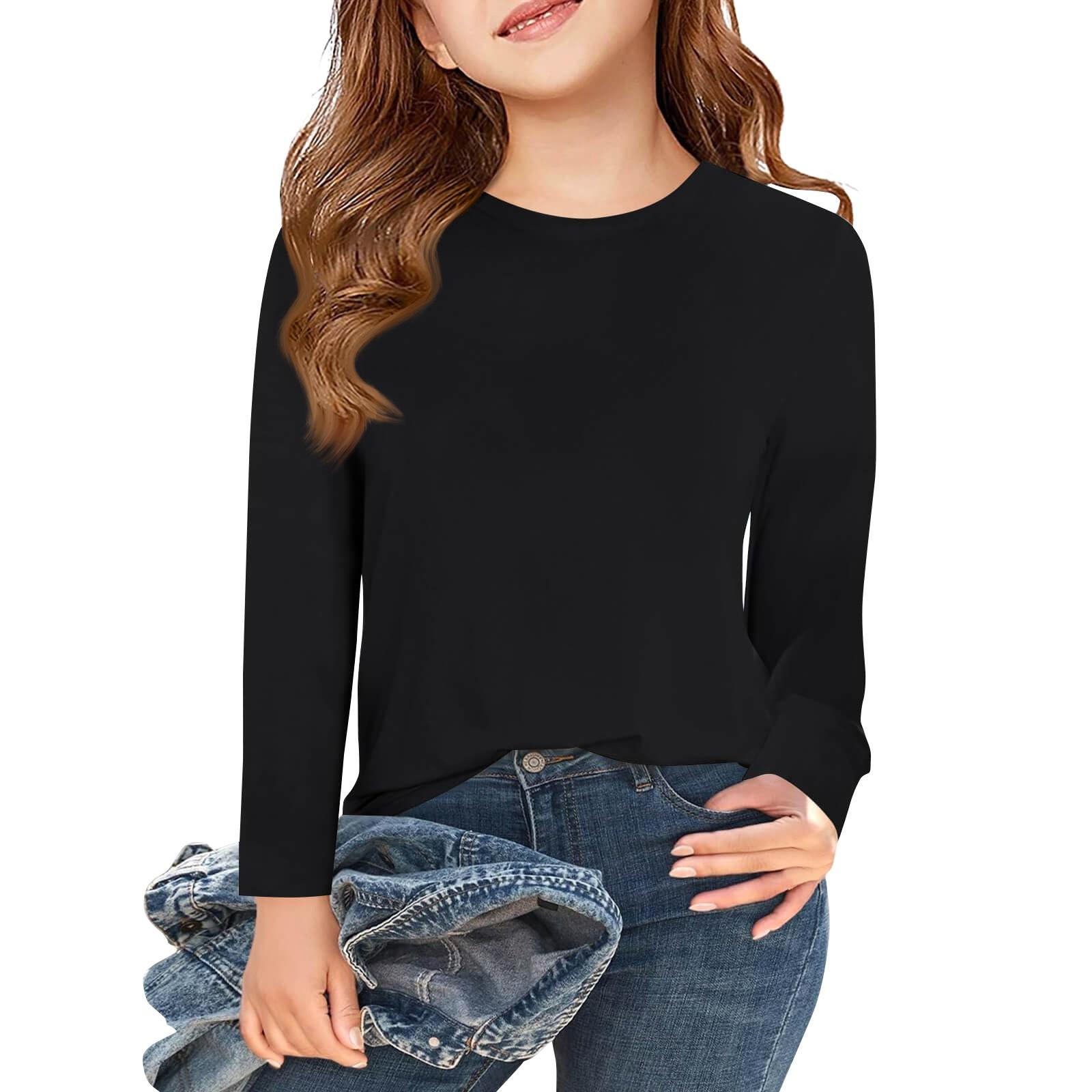 

Футболки з довгим рукавом для дівчат, дитячі осінні топи з круглим вирізом, базові футболки 5-14 років 150 чорний