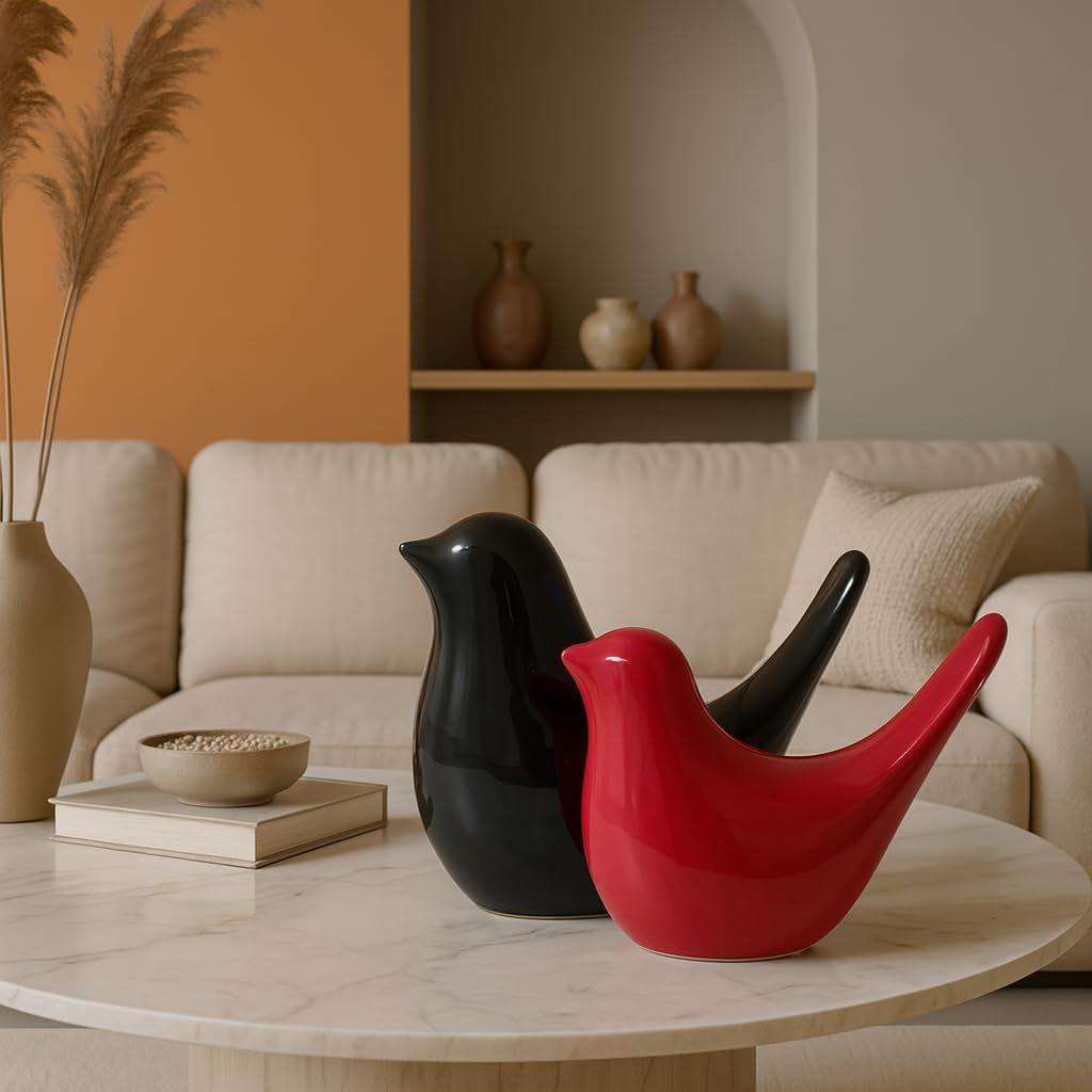 Creative Black and Red Glossy Ceramic Birds Figurines Home Decorations Accessories Party (Pack of 2, Black & Red)