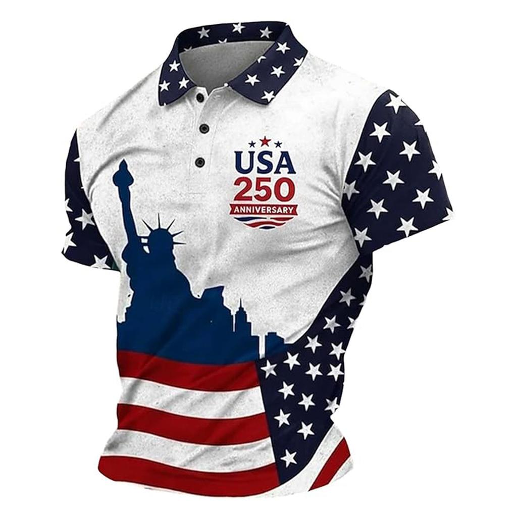 Men Short Sleeve Polo Shirt USA 250 Anniversary Print Casual Button Down Knit Top