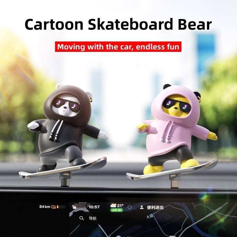 Car Skateboard Bear Sliding Car Cartoon Dynamic Bear Central Control Screen Instrument Panel Little Bear Car Decoration Ornament