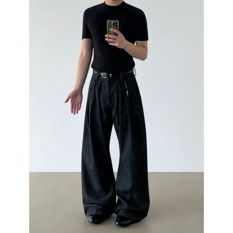 Blaexit Retro Vintage Style Original Cowhide Color Three-Pleat Striped Dress Pants Men's Casual Drape Wide-Leg A-Line Jeans