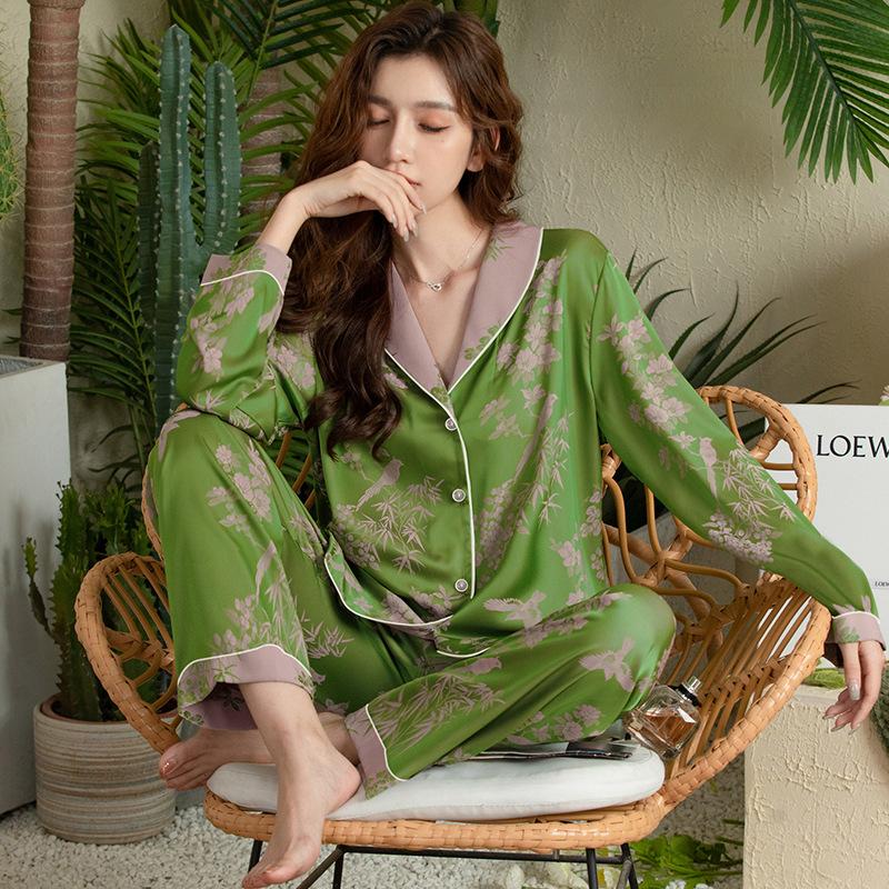 Summer High-End Green Fashion Lapel Pajamas Women'S Long-Sleeved Trousers Plant Flower Loungewear Set