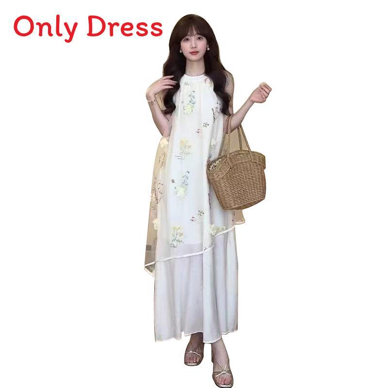 Summer Cotton Embroidery Sleeveless Dress For Beach Women With Mesh Floral Design