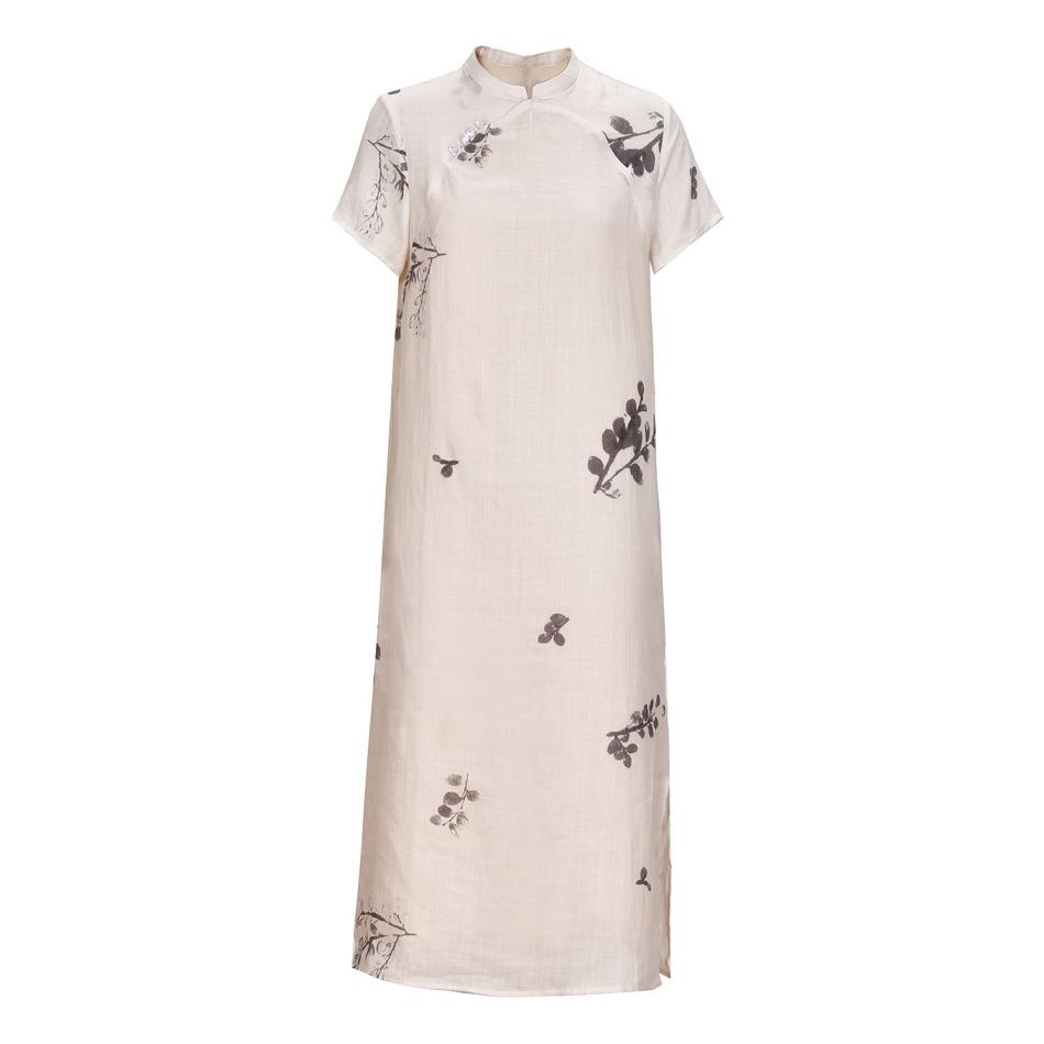 2022 Summer Ramie Print Women's Retro Travel Dress with Stand Collar & Short Sleeves